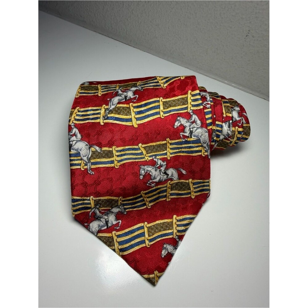 Christian Dior Monsieur Red Silk Tie with Equestrian Horse and Gold-Blue Fencing